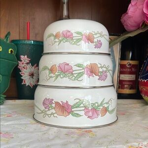 White and Pink Floral vintage enamel bowls